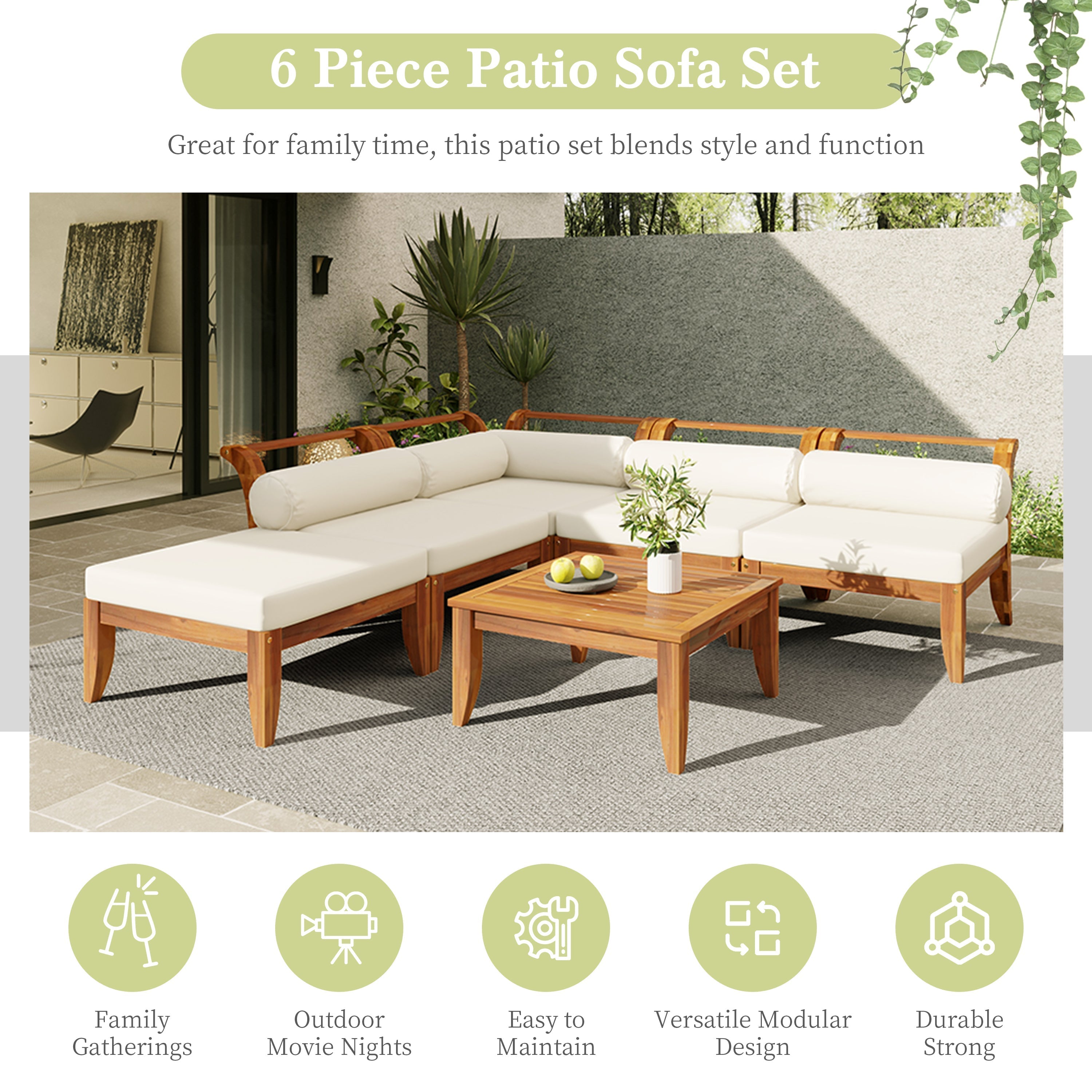 6 Piece Acacia Wood Outdoor Modular Sectional with Daybed and Tea Table