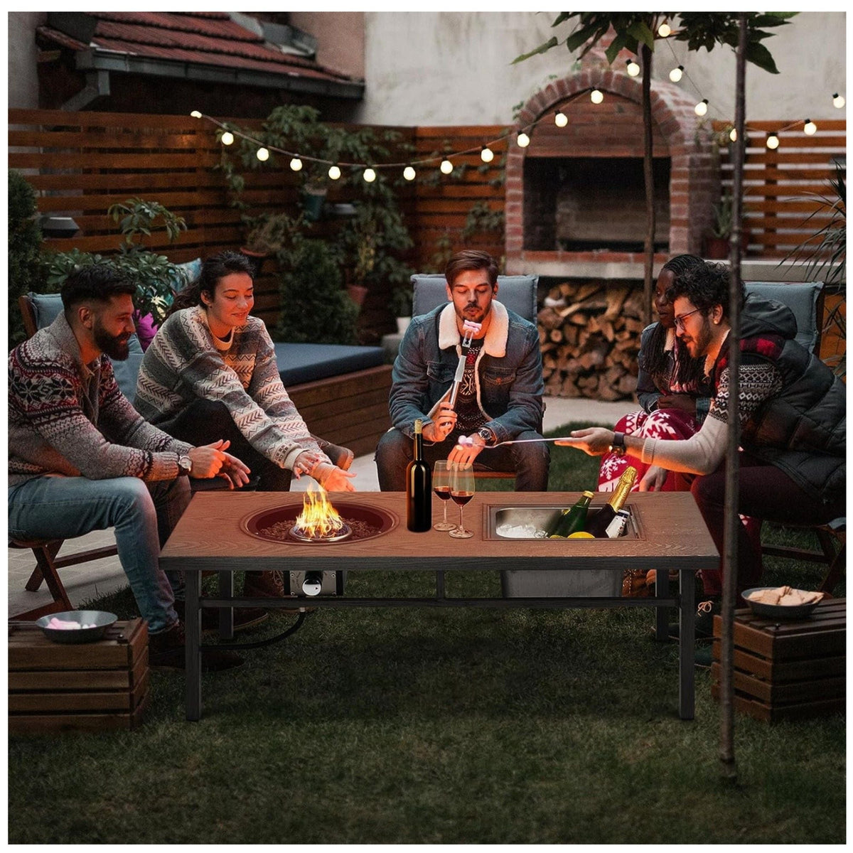 3 In 1 Outdoor Propane Fire Pit Table with Ice Bucket - Beige