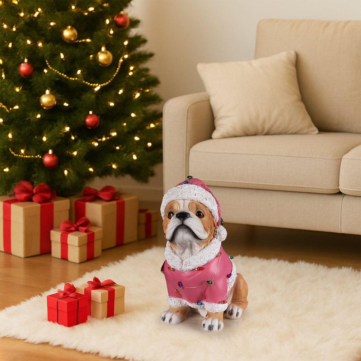 Christmas Pug Statue with Santa Outfit - Holiday Dog Figurine
