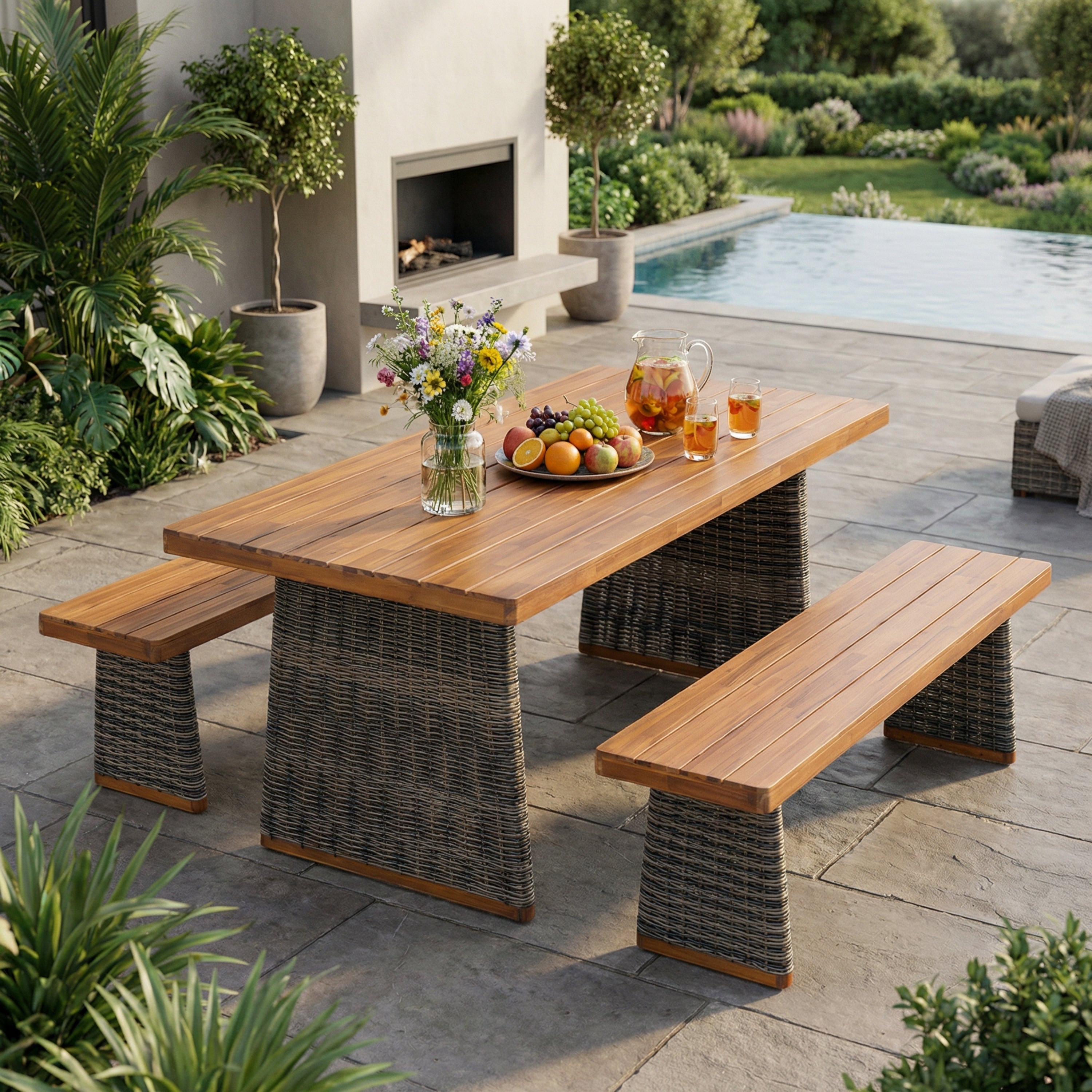 Outdoor 3 Piece Acacia Wood Dining Set with Handwoven Rattan Legs