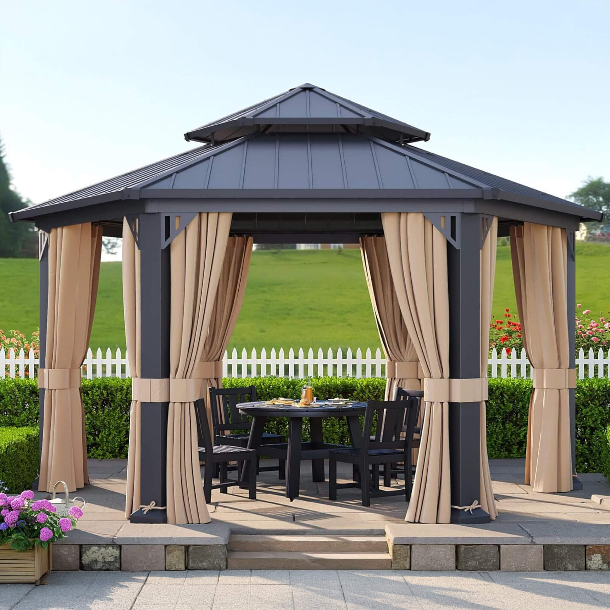 [13X15FT] Alora Double-Tier Hexagonal Metal Hardtop Patio Gazebo With Curtains (SAK84137)