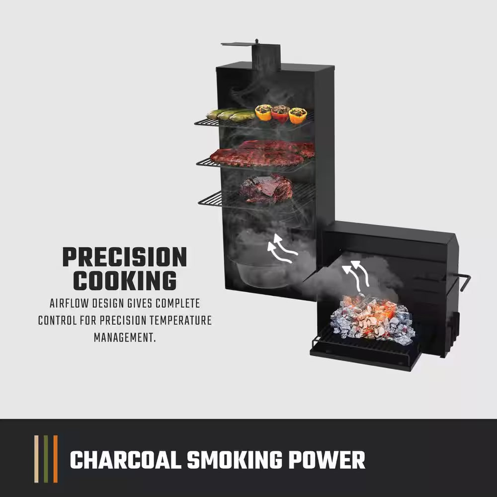 Bandera Vertical Offset Charcoal Smoker and Grill with 992 Sq. In. Cooking Area in Black