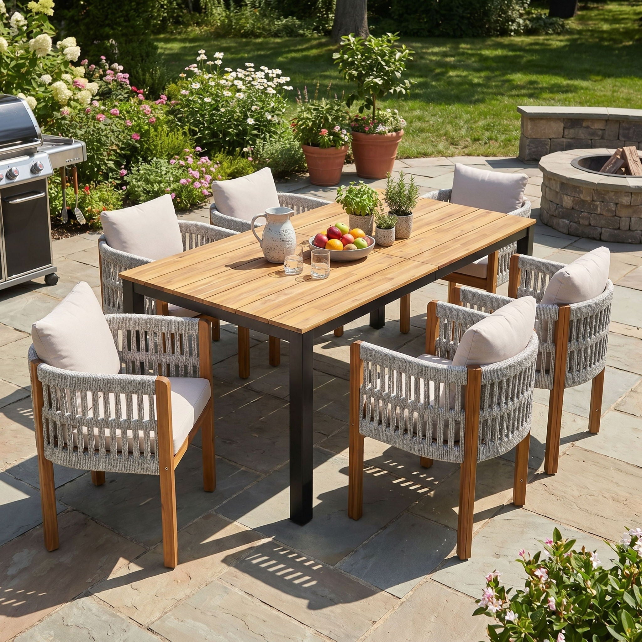 7 Piece Outdoor Dining Set with Table and Chairs - Beige / Teak / White