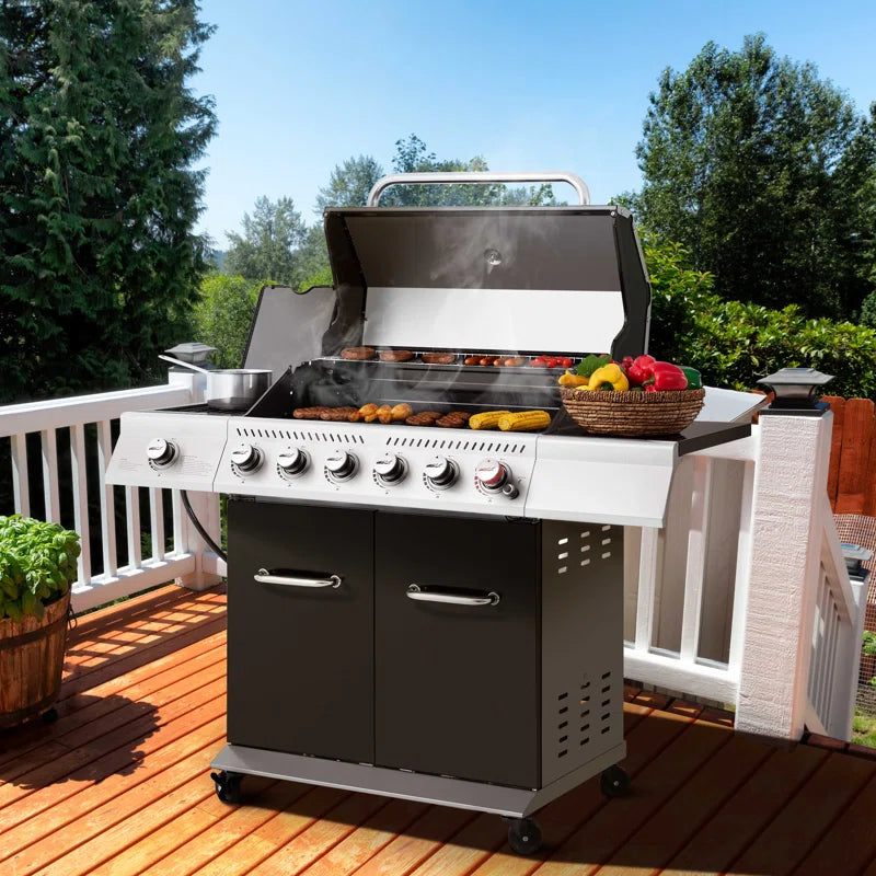 6 - Burner Free Standing Liquid Propane Gas Grill with Side Burner and Cabinet