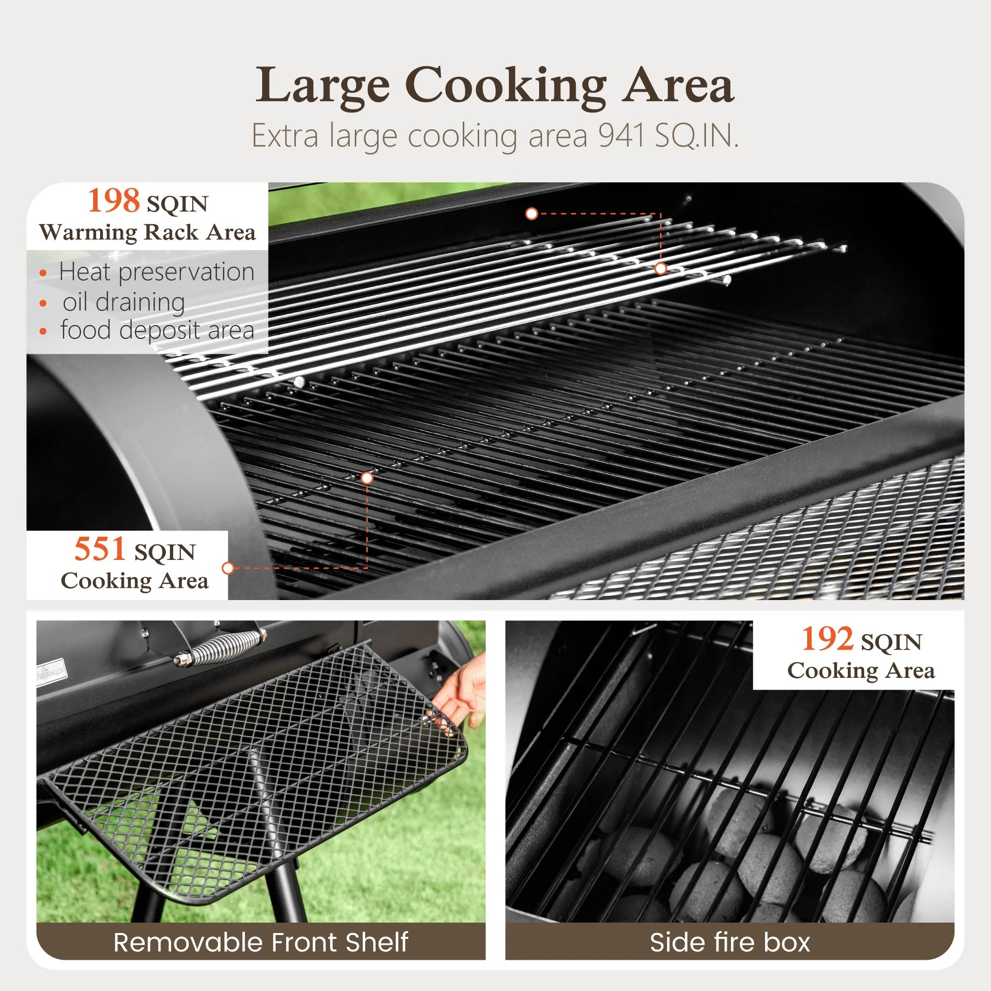 Heavy Duty BBQ Charcoal Grill with Offset Smoker Overlarge 941 Sq.In. Cooking Area