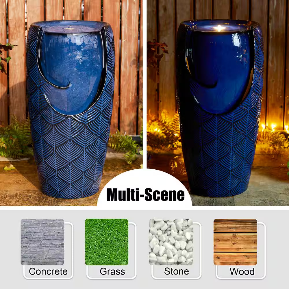 29.25 In. H Outdoor Oversized Cobalt Blue Scale-Like Textured Glaze Ceramic Pot Floor Fountain with LED Light