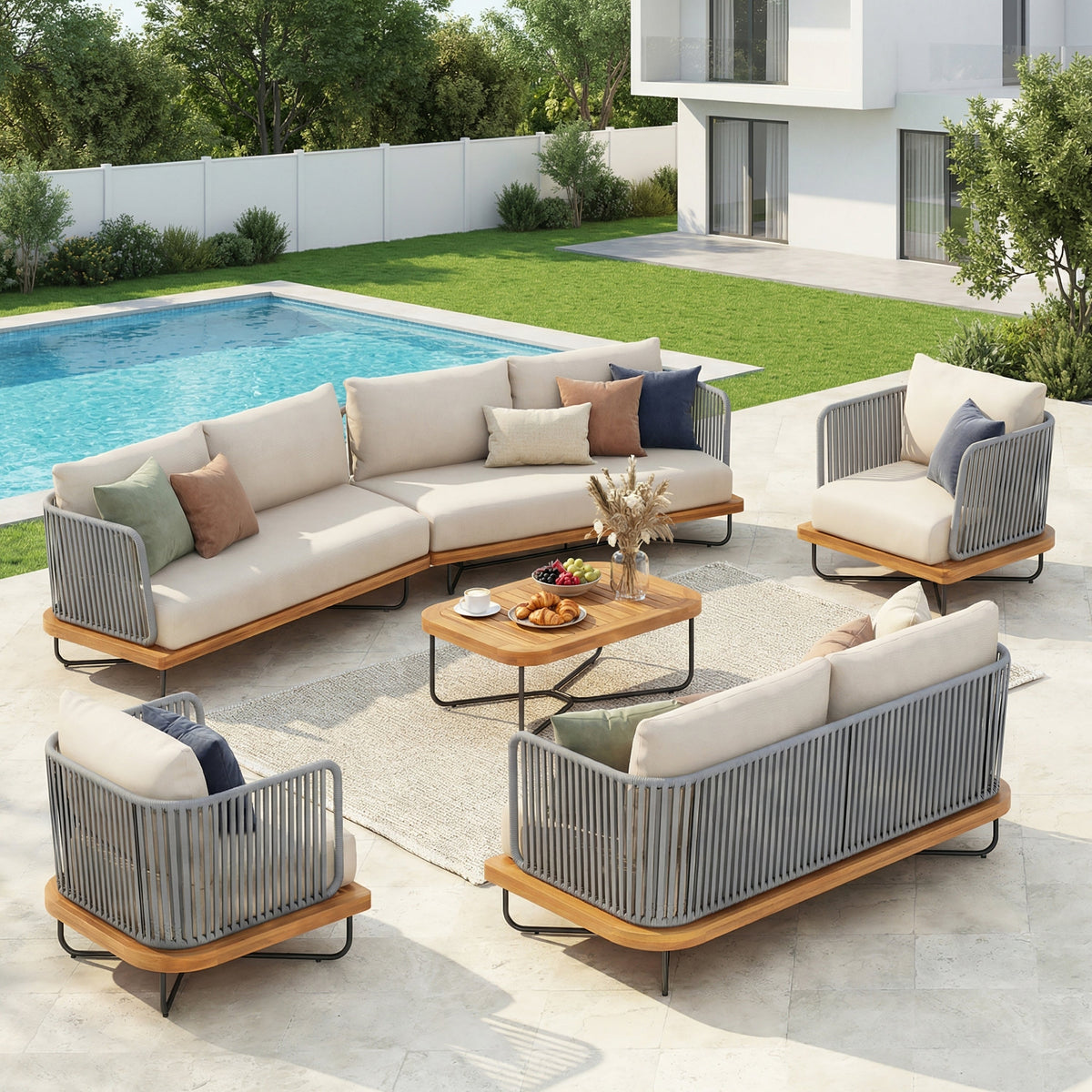 Lucca Outdoor 8 Seaters Patio Set with Rope Woven Detail - Acacia Wood