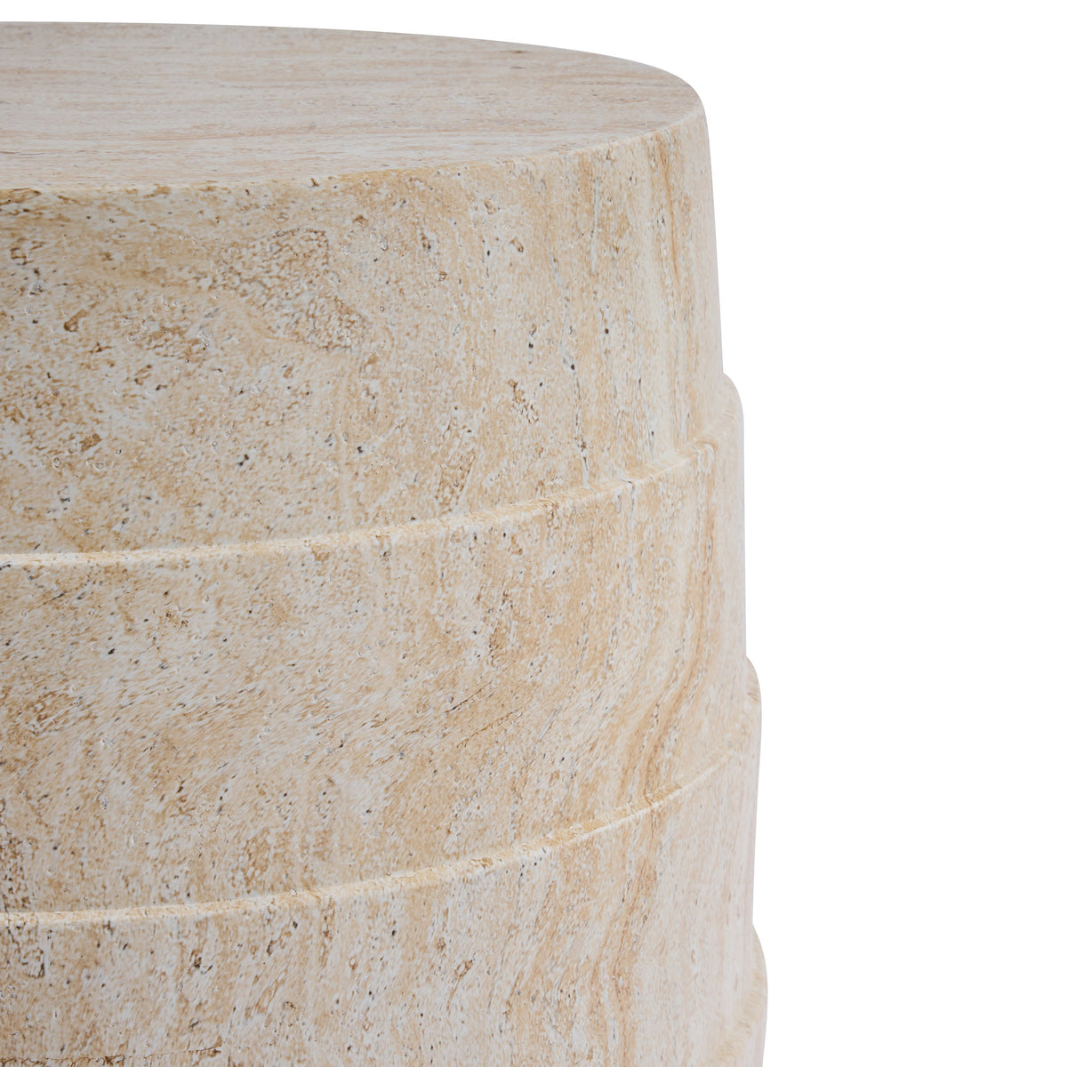 Modern Cylindrical Travertine-Look Outdoor Side Table with Ribbed Texture - Light Beige