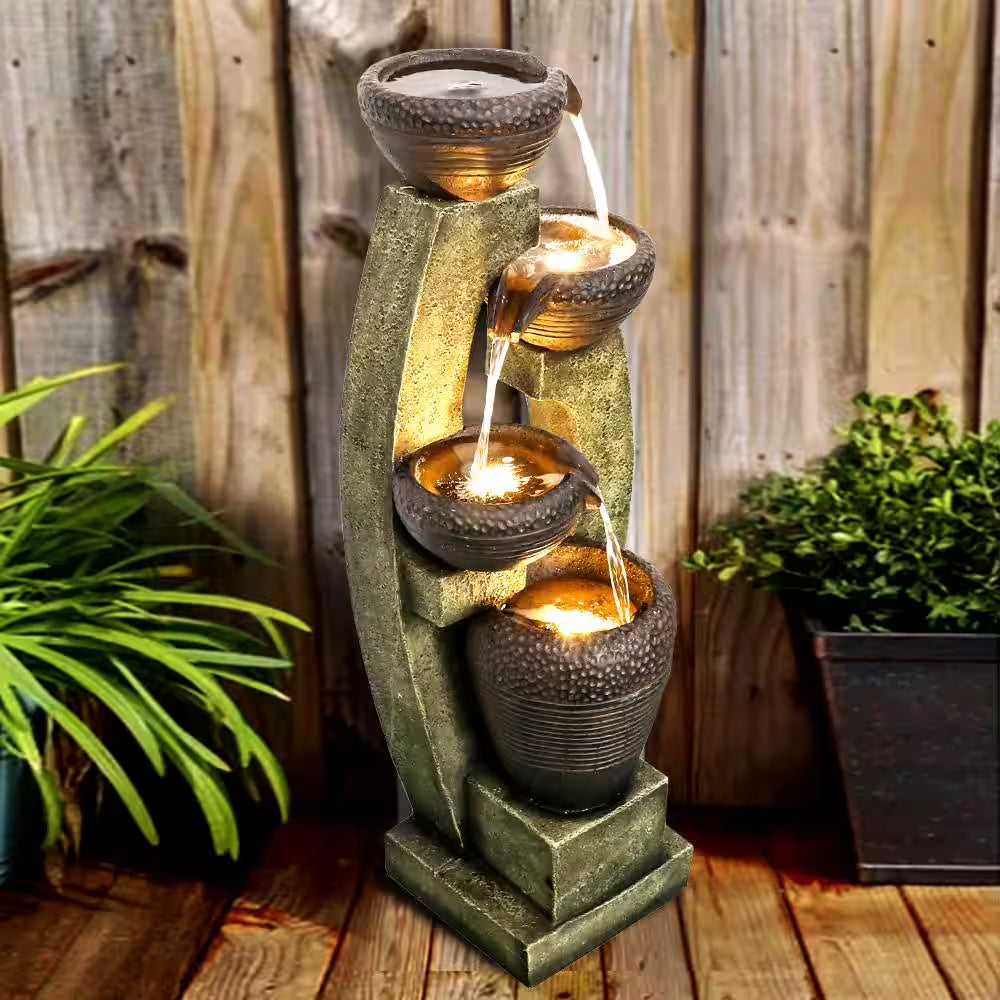 40"H Modern Outdoor Fountain - 4 Crocks Outdoor Garden Fountain with Contemporary Design for House and Garden Art Decor