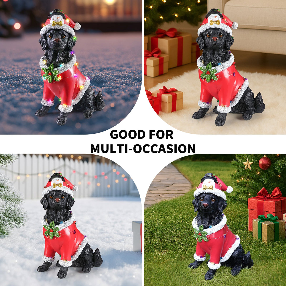 Christmas Dog Statue with Santa Outfit - Black Retriever Holiday Figurine