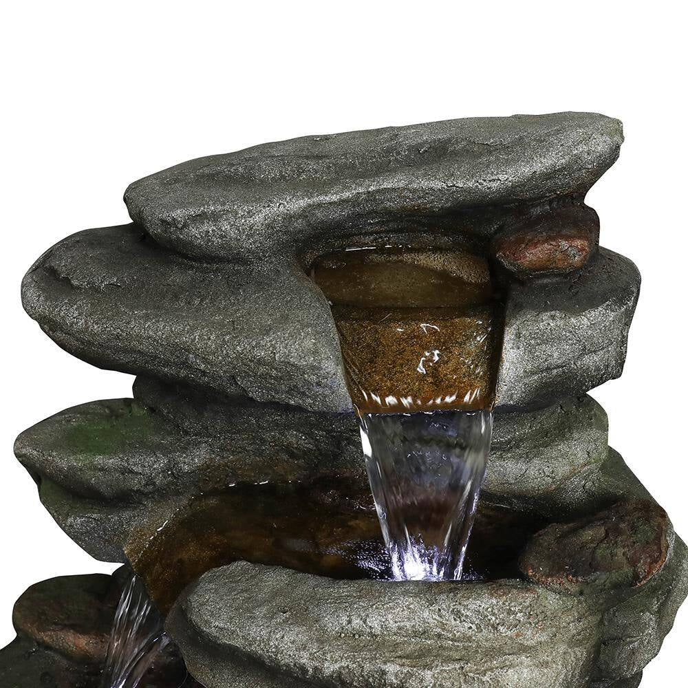 30. 7In. H Resin 6-Tier Cascading Rock Tiered Fountain with LED Lights for Garden and Patio Decor