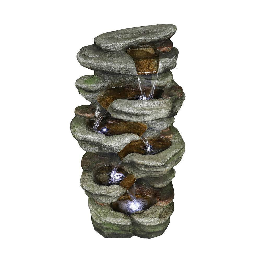 30. 7In. H Resin 6-Tier Cascading Rock Tiered Fountain with LED Lights for Garden and Patio Decor
