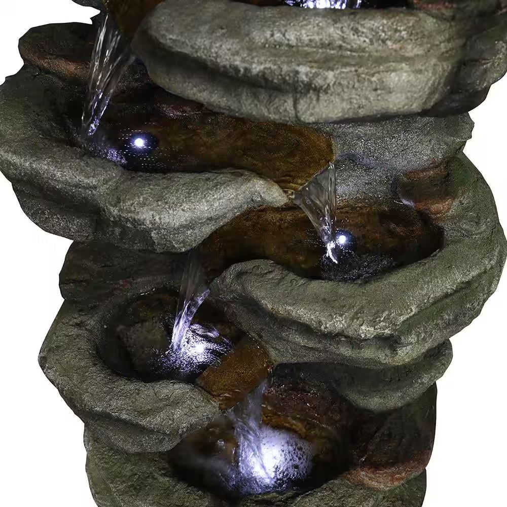 30. 7In. H Resin 6-Tier Cascading Rock Tiered Fountain with LED Lights for Garden and Patio Decor