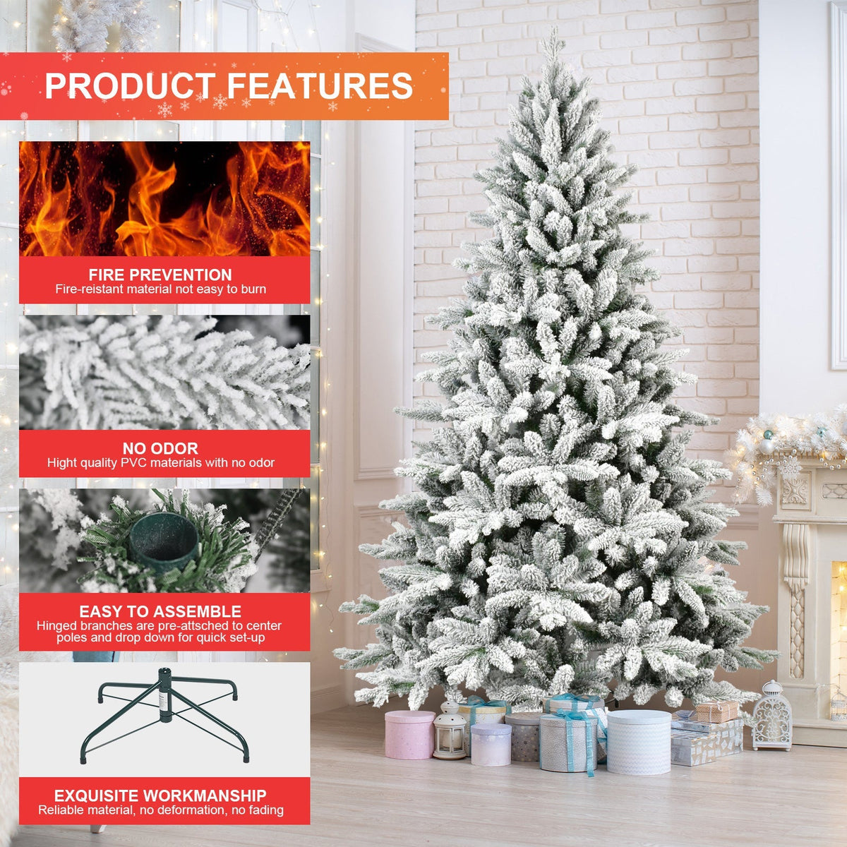 6ft Snow-Flocked Pre-Lit Christmas Tree with 1100 PE+PVC Tips - White