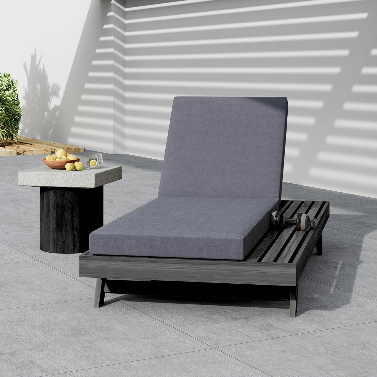 Black Acacia Wood Outdoor Chaise Lounge with Water-Resistant Cushions