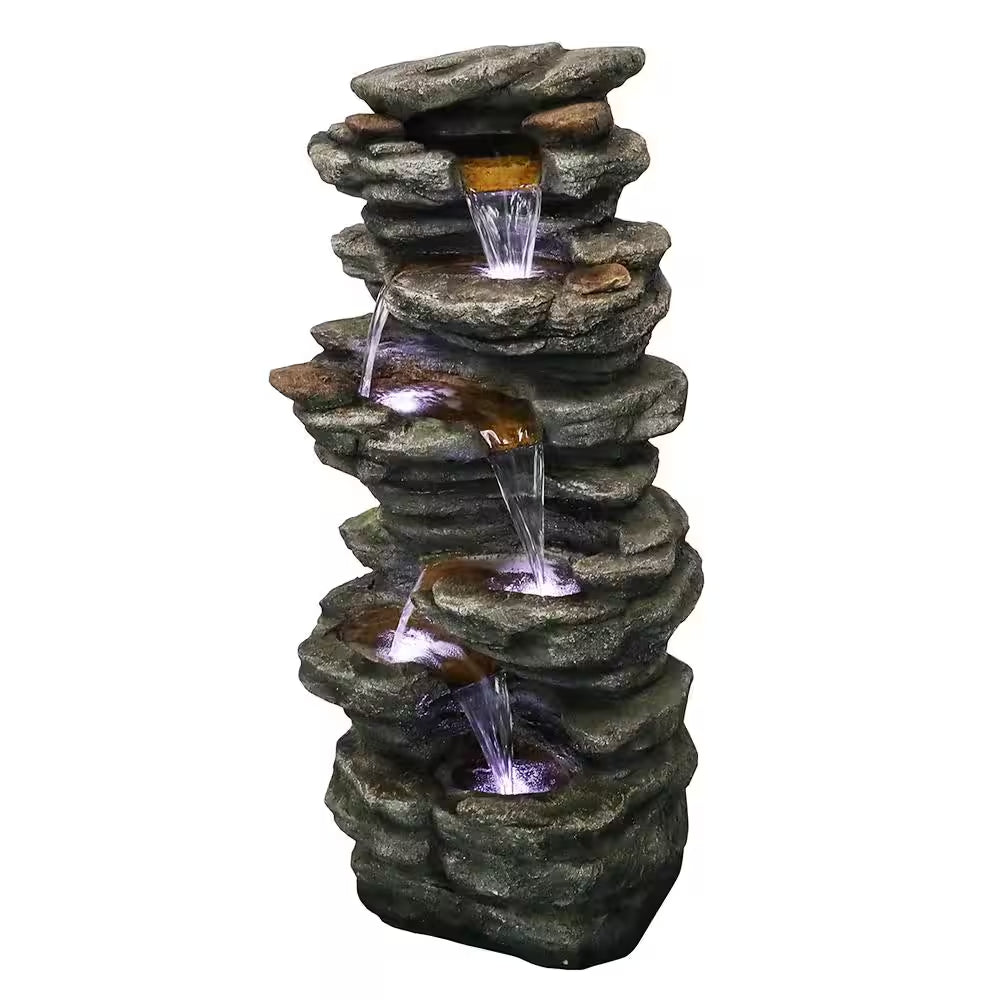40 In. Resin Rockery Outdoor Relaxing Water Fountain, 6-Tier LED Outdoor Waterfall Fountain for Home, Office, Garden