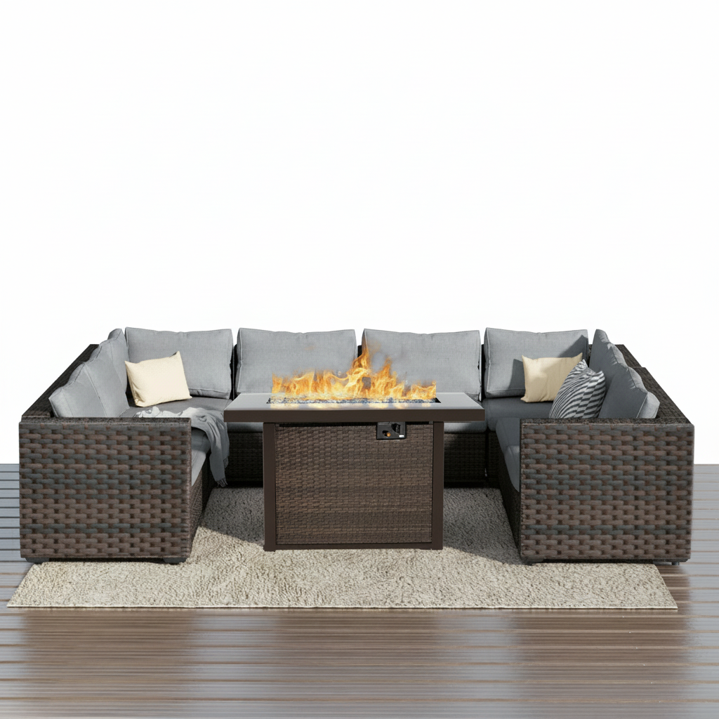 9 Piece Patio Furniture Set with Fire Pit Table, All Weather Outdoor Sectional PE Rattan, Patio Conversation Sets with Cushions and Glass Coffee Table for Garden Lawn Balcony, Grey