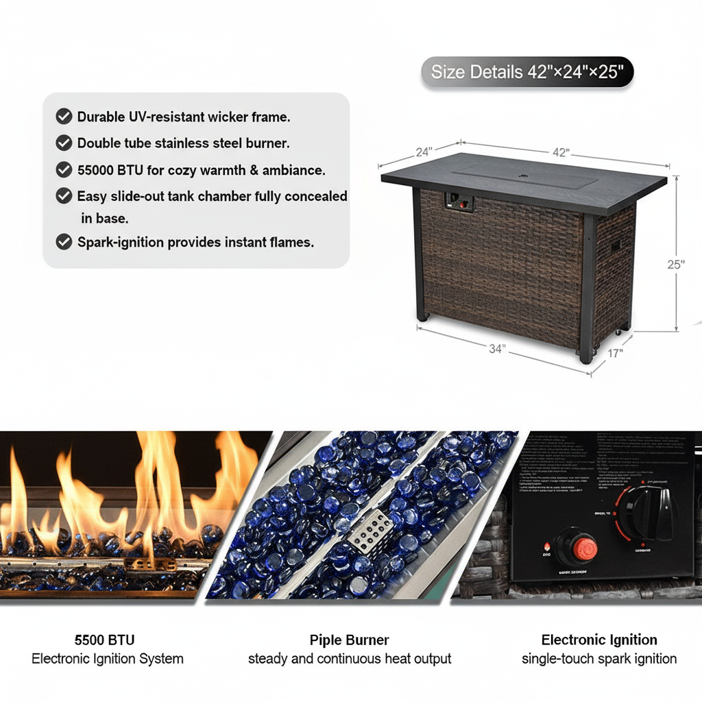 9 Piece Patio Furniture Set with Fire Pit Table, All Weather Outdoor Sectional PE Rattan, Patio Conversation Sets with Cushions and Glass Coffee Table for Garden Lawn Balcony, Grey