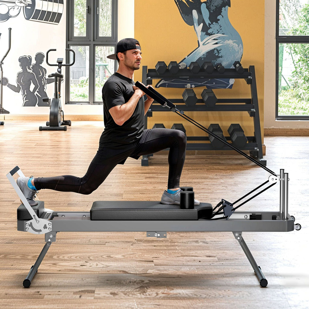Extra-Large Multi-Functional Pilates Reformer Machine With Dynamic Resistance Cords And Aerobic Rebounder, Black