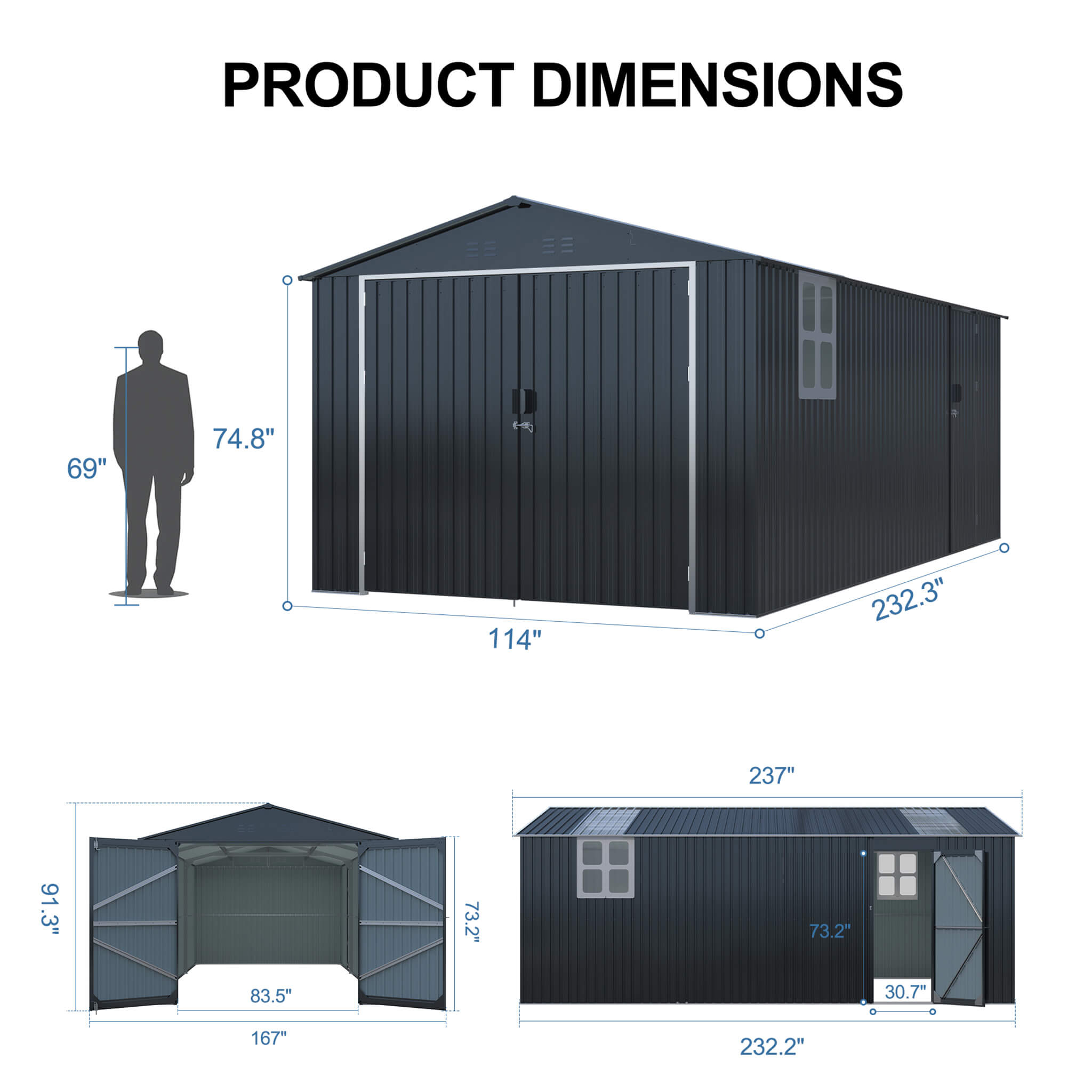 Alora Extra-Large Outdoor Galvanized Steel Outdoor Storage Shed With Skylight Roof