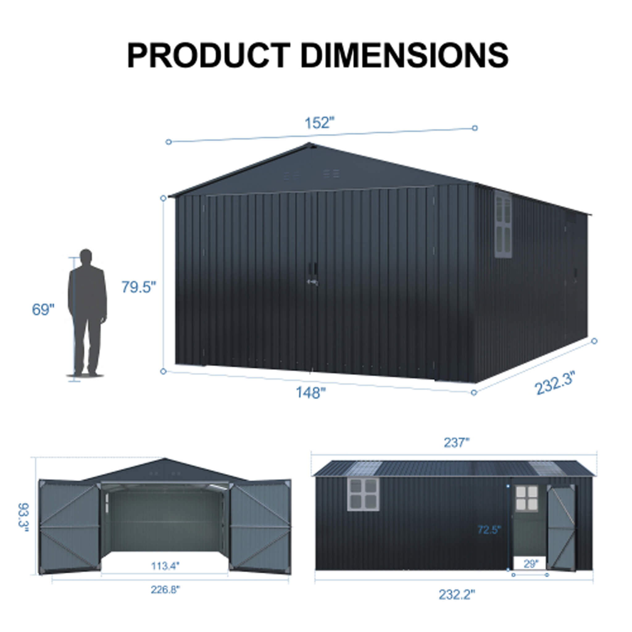 Alora Extra-Large Outdoor Galvanized Steel Outdoor Storage Shed With Skylight Roof