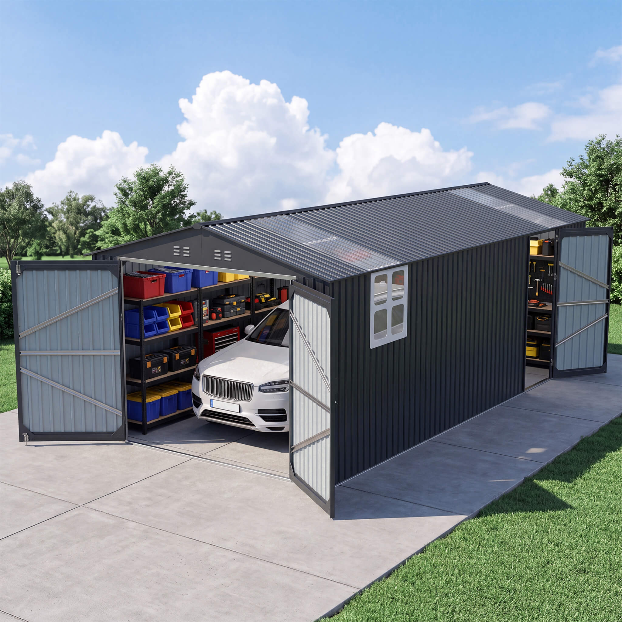 Alora Extra-Large Outdoor Galvanized Steel Outdoor Storage Shed With Skylight Roof