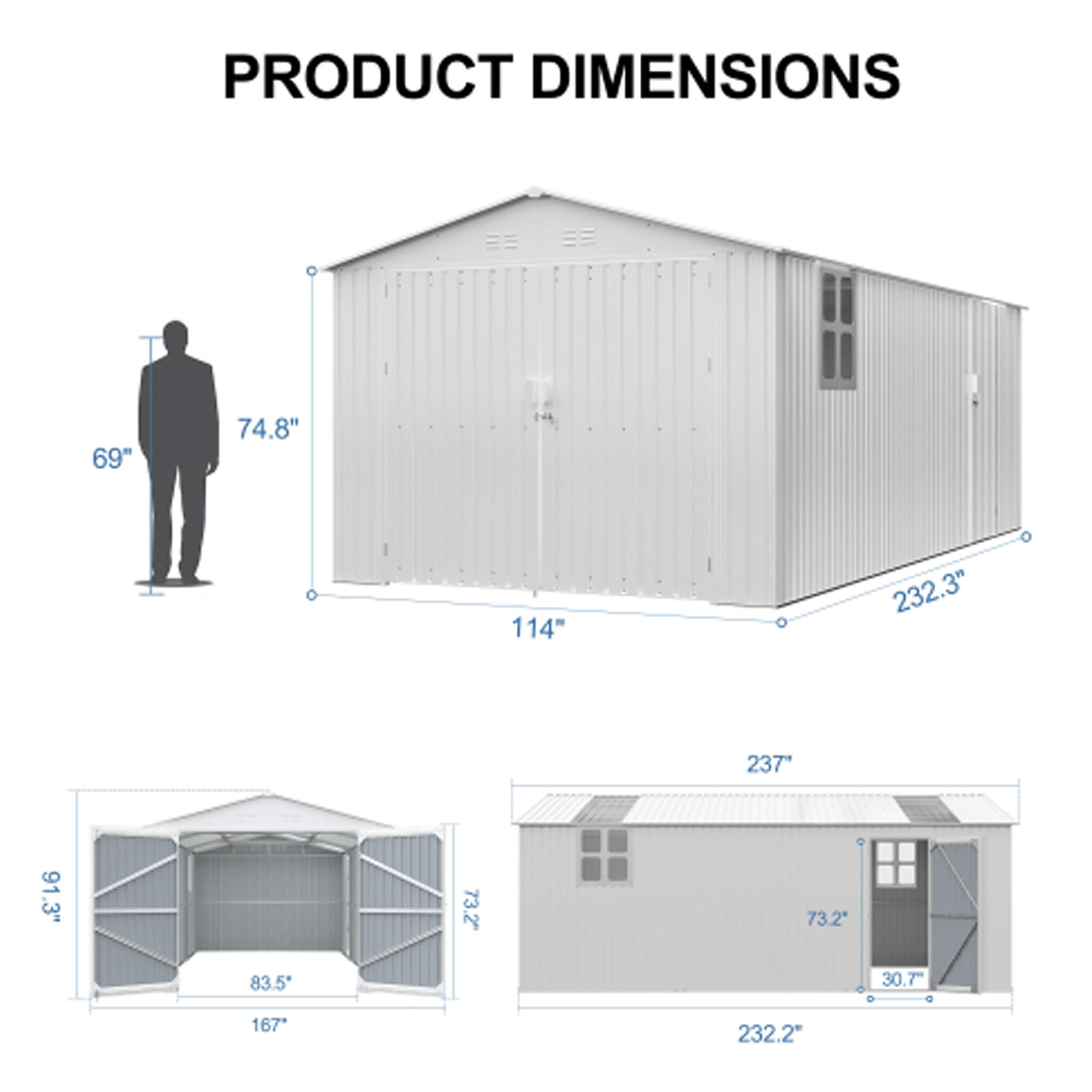 Alora Extra-Large Outdoor Galvanized Steel Outdoor Storage Shed With Skylight Roof