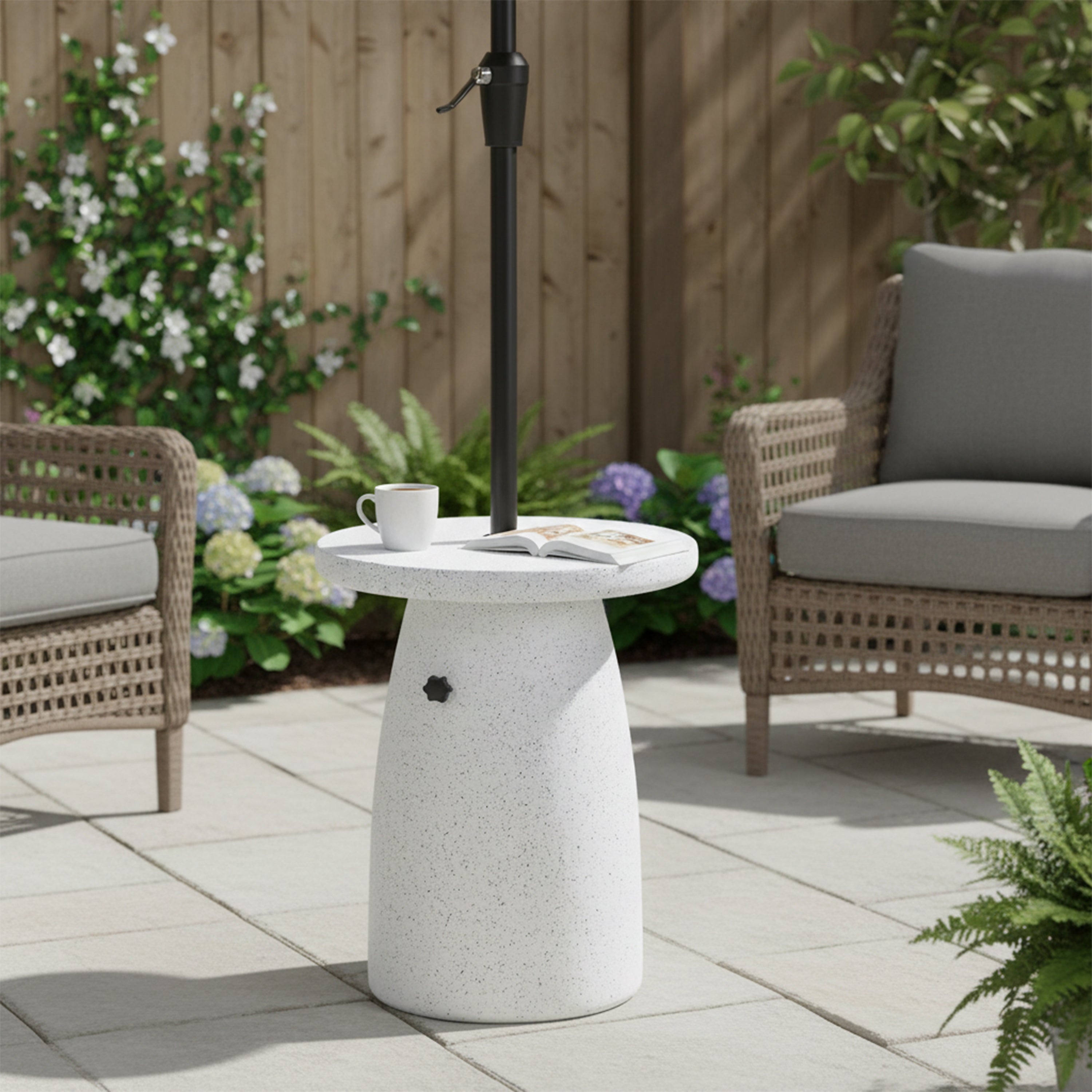 Tess MGO Outdoor Patio Side Table Umbrella Base in White Marble