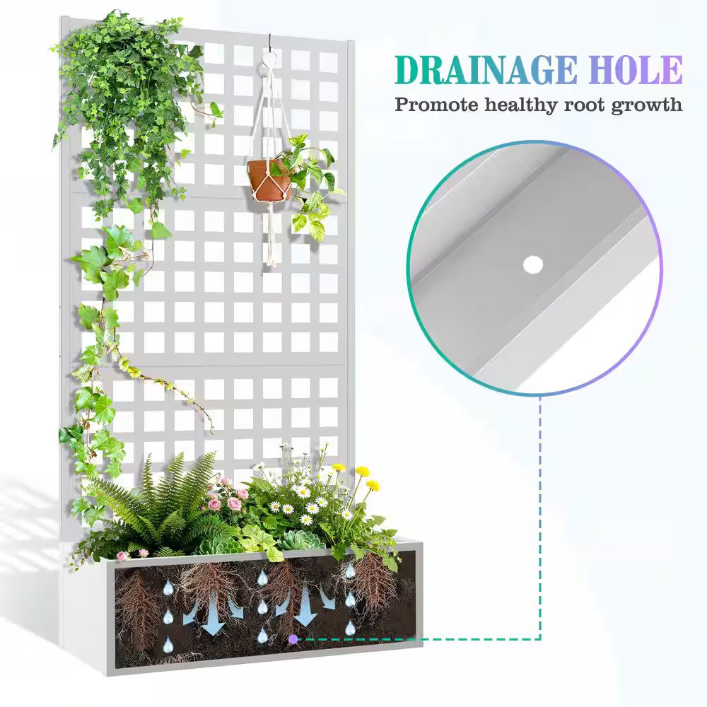 35 In. L X 16 In. W X 71 In. H White Metal Raised Garden Planter Box with Trellis for Climbing Plants, Cucumbers