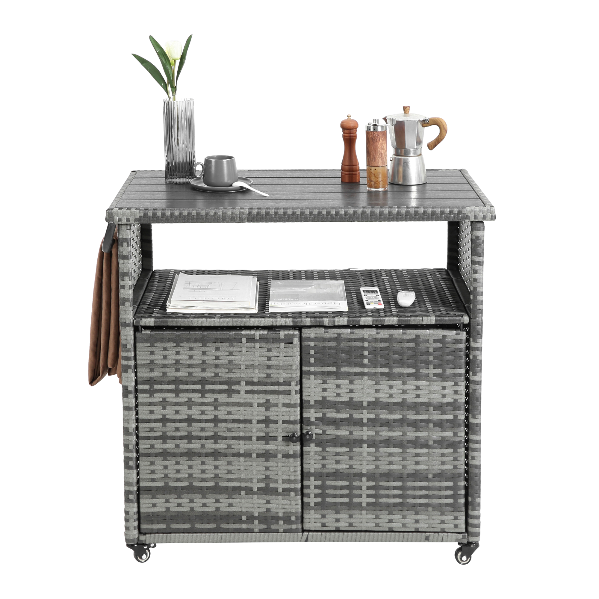 Outdoor Wicker Bar Cart with Glass Top and Wheels