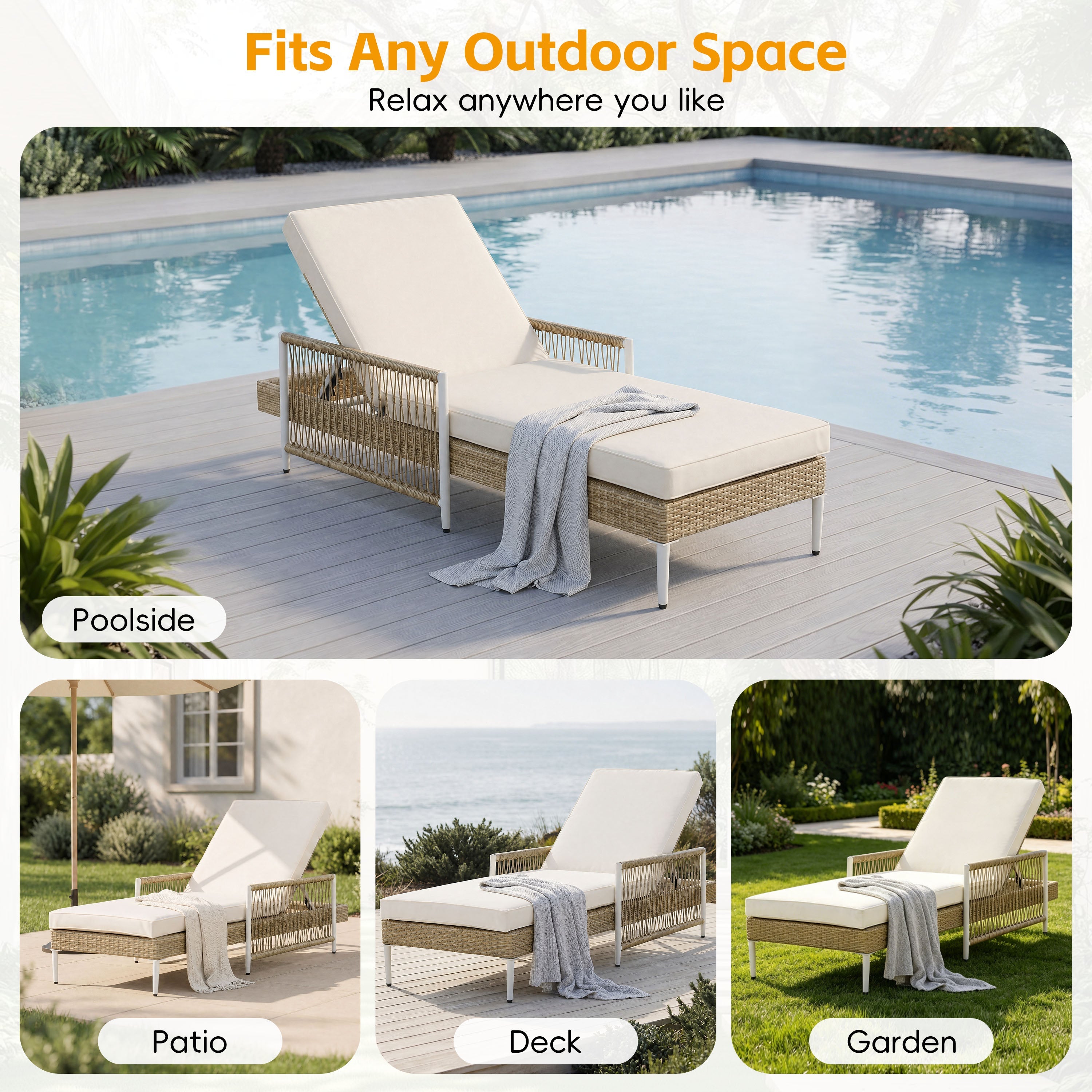 TOPMAX Outdoor All-Weather PE Rattan Chaise Lounge Set of 2