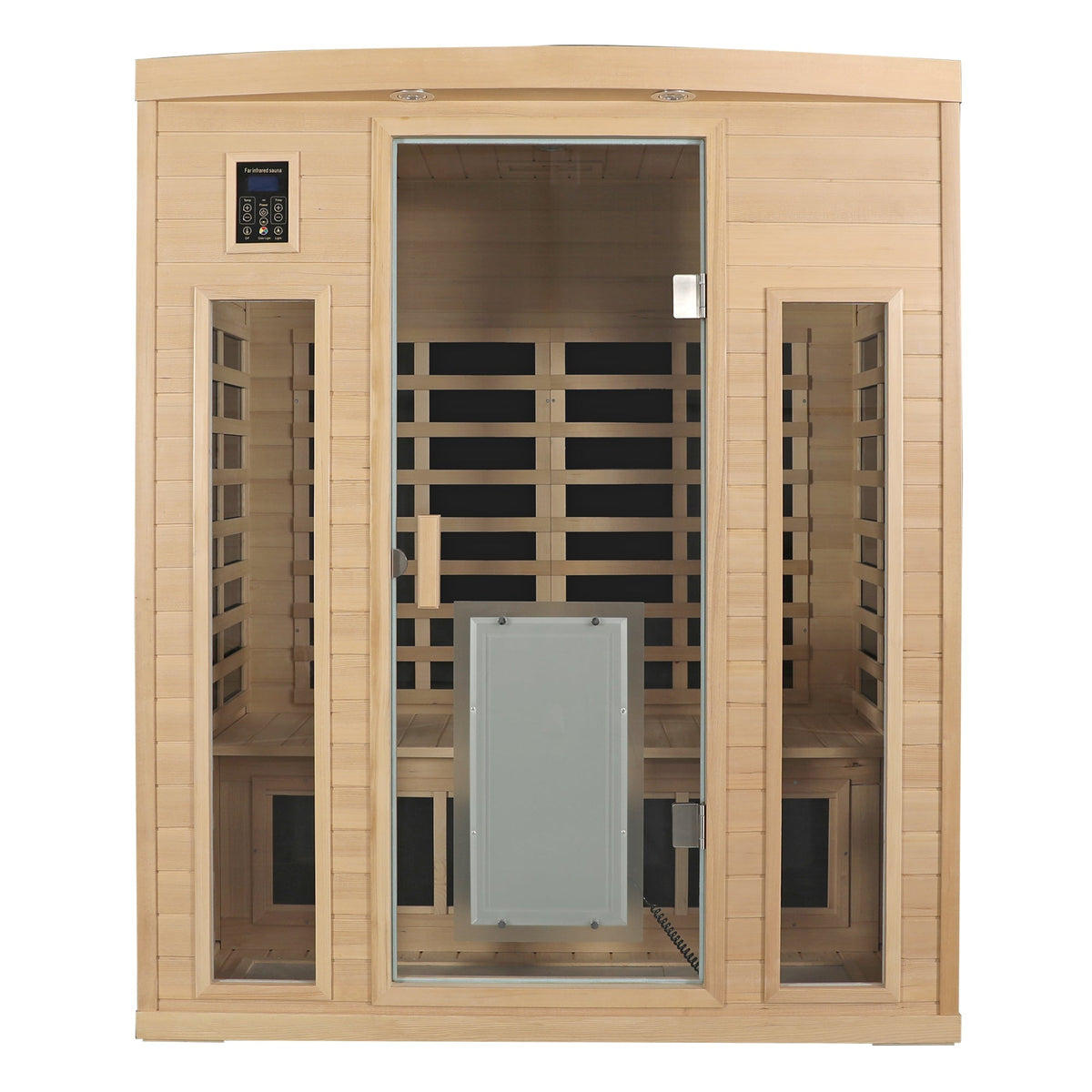Low EMF, There is also a heating plate on the glass door, Hemlock wood Far-infrared indoor Three person sauna room