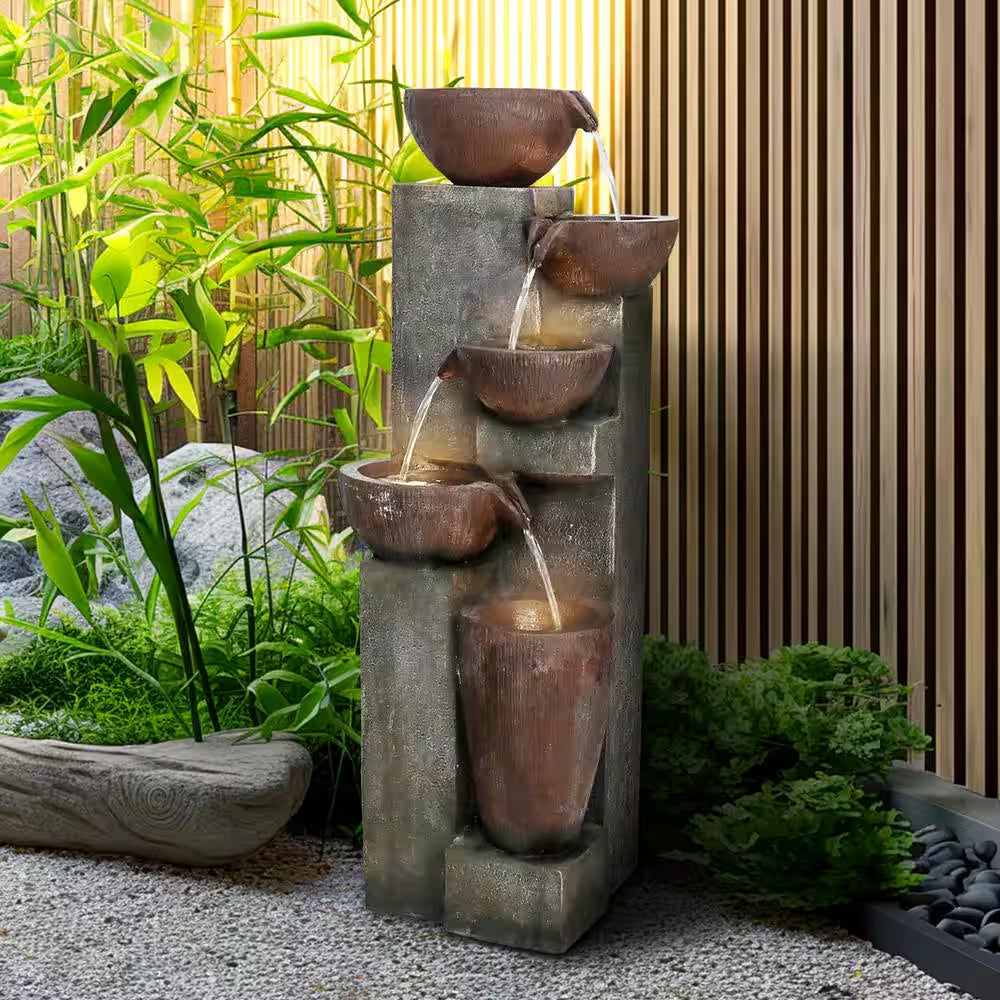39.7 In. Resin Outdoor Fountain -5-Tier Modern Water Feature, Garden Waterfall Fountain with Lights for Patio, Yard