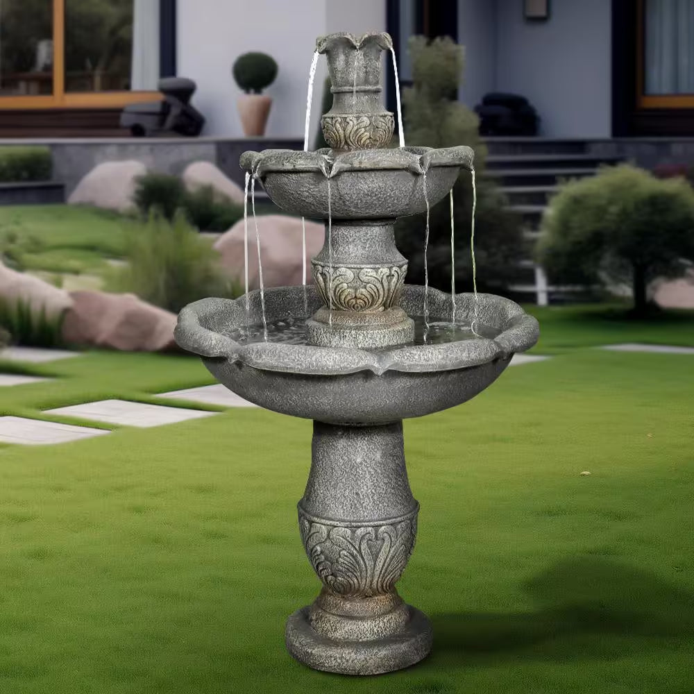 48.4 In. Cement Pedestal Waterfall Fountain - Outdoor Floor 3-Tier Pedestal Water Fountain and Birdbath for Garden, Lawn