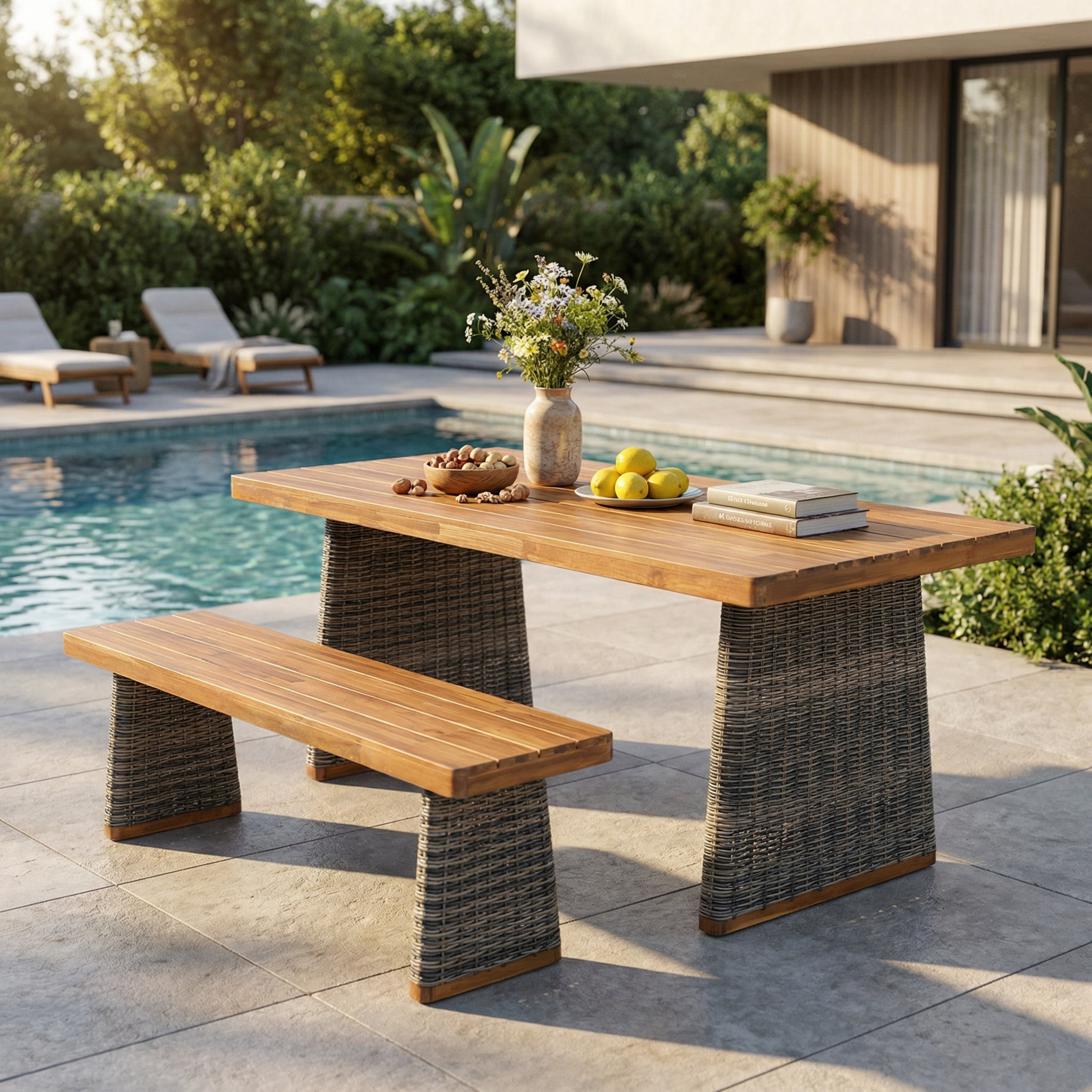 Outdoor Acacia Wood Dining Table Set with 1 Table and 1 Bench