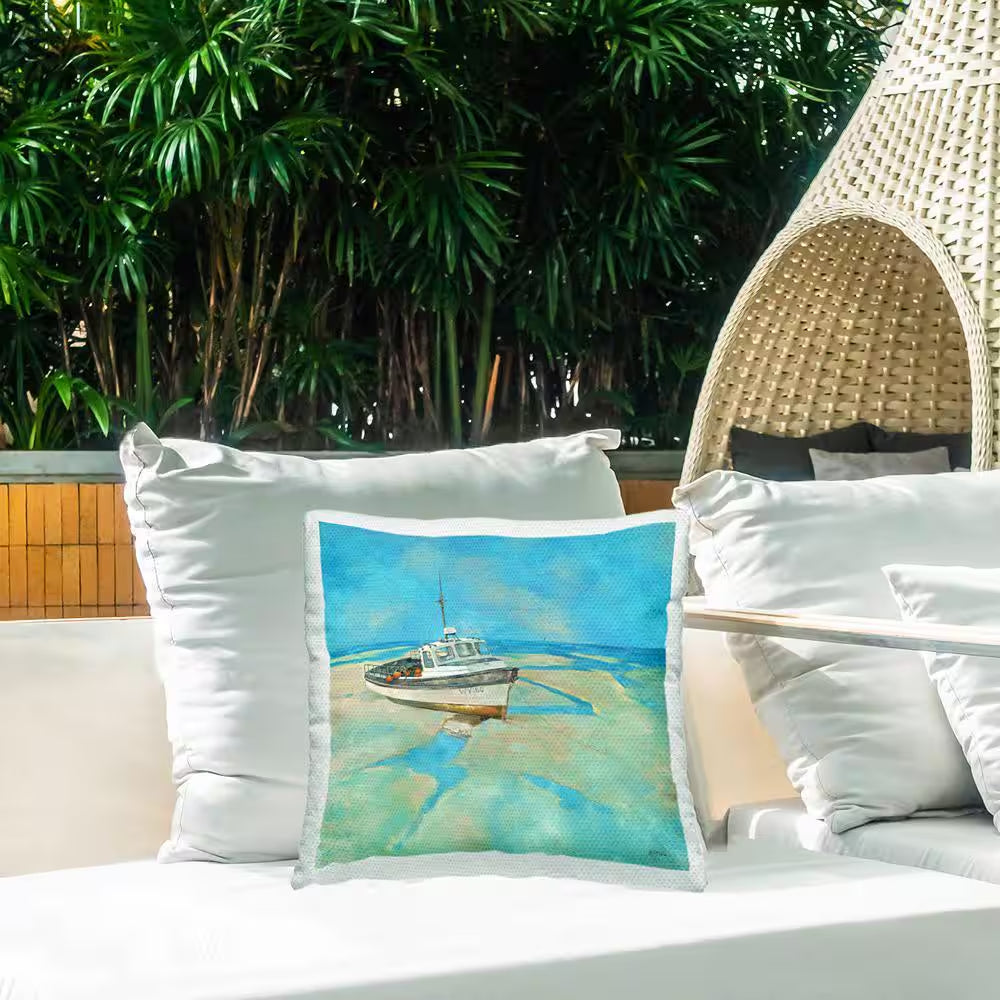 Low Tide Watercraft Boat Beach Blue Square Outdoor Throw Pillow