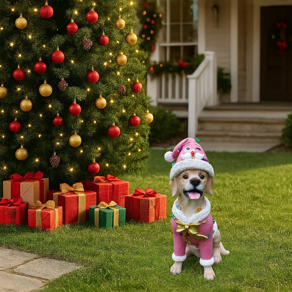 Christmas Labrador Retriever Statue with Santa Outfit - Multicolor