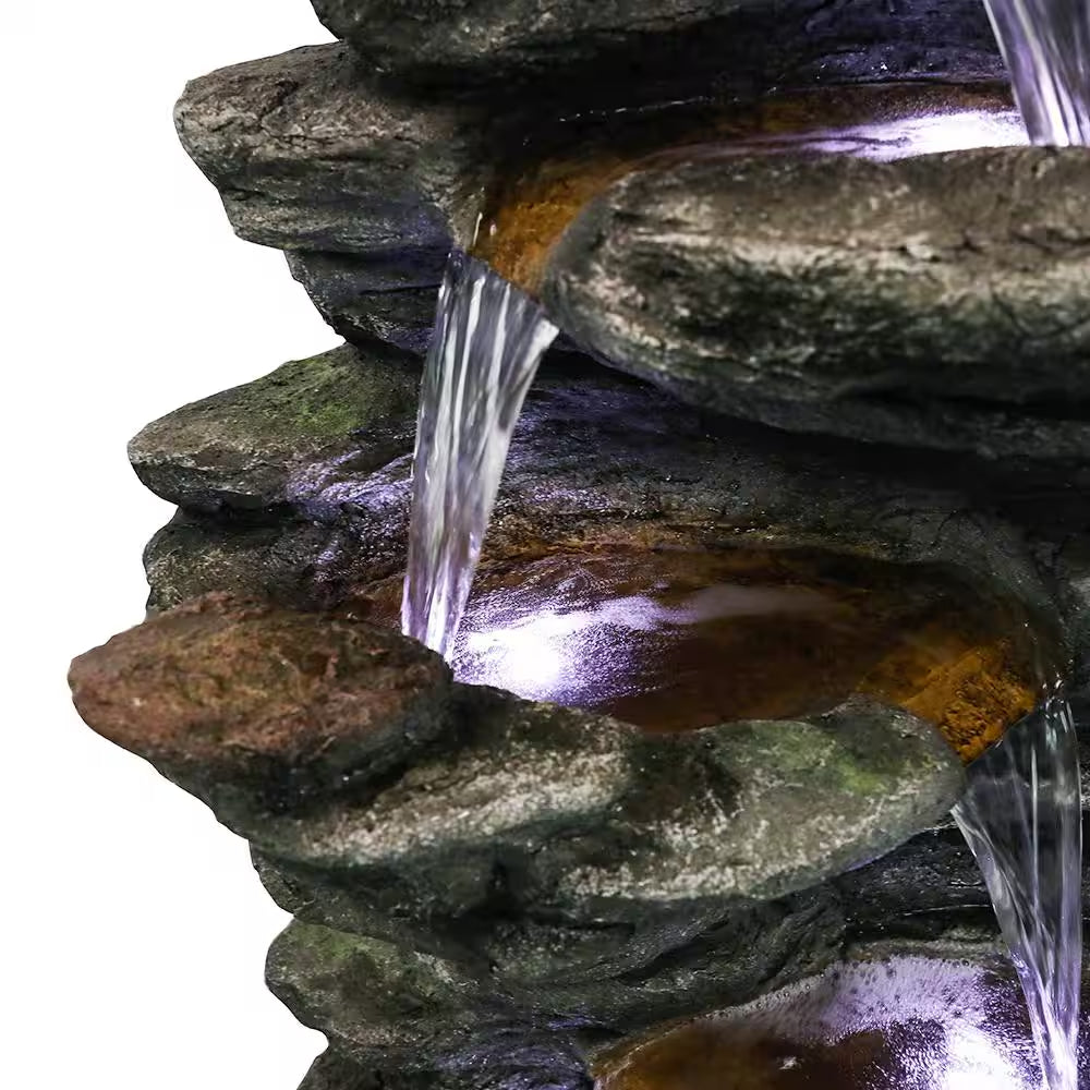40 In. Resin Rockery Outdoor Relaxing Water Fountain, 6-Tier LED Outdoor Waterfall Fountain for Home, Office, Garden