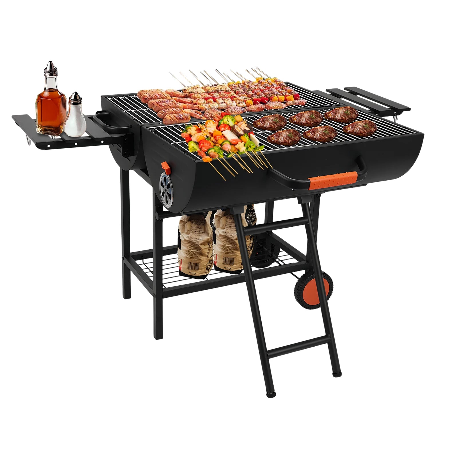 Extra Large Portable Charcoal Grill with 2 Foldable Side Tables Outdoor Barbecue Grill for Backyard Patio Picnic Parties Camping