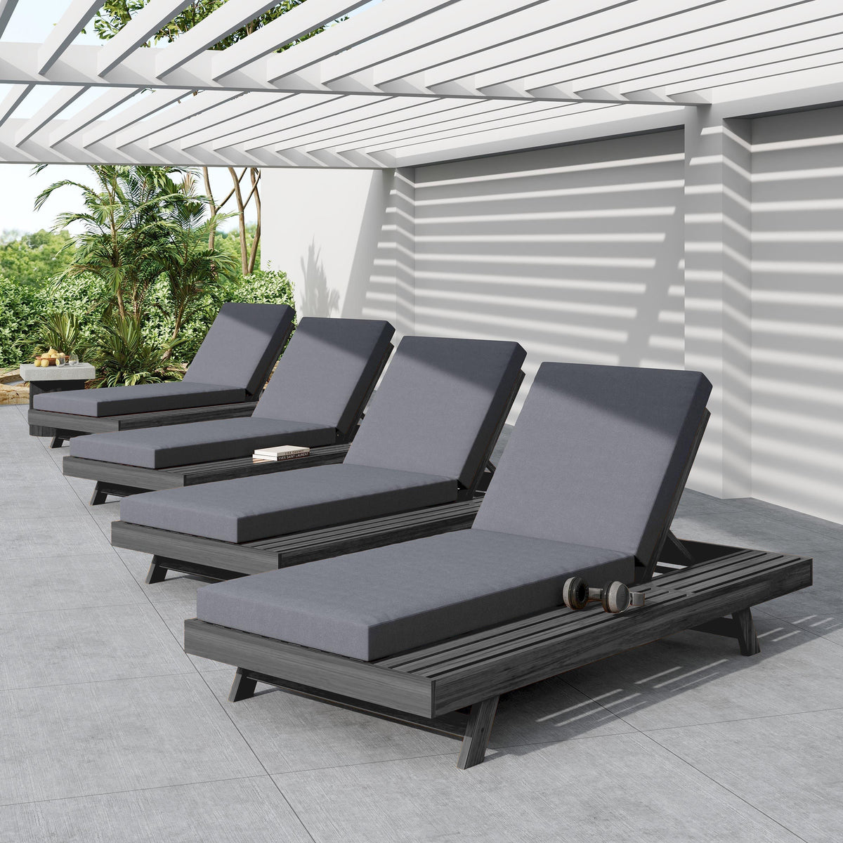 Black Acacia Wood Outdoor Chaise Lounge with Water-Resistant Cushions