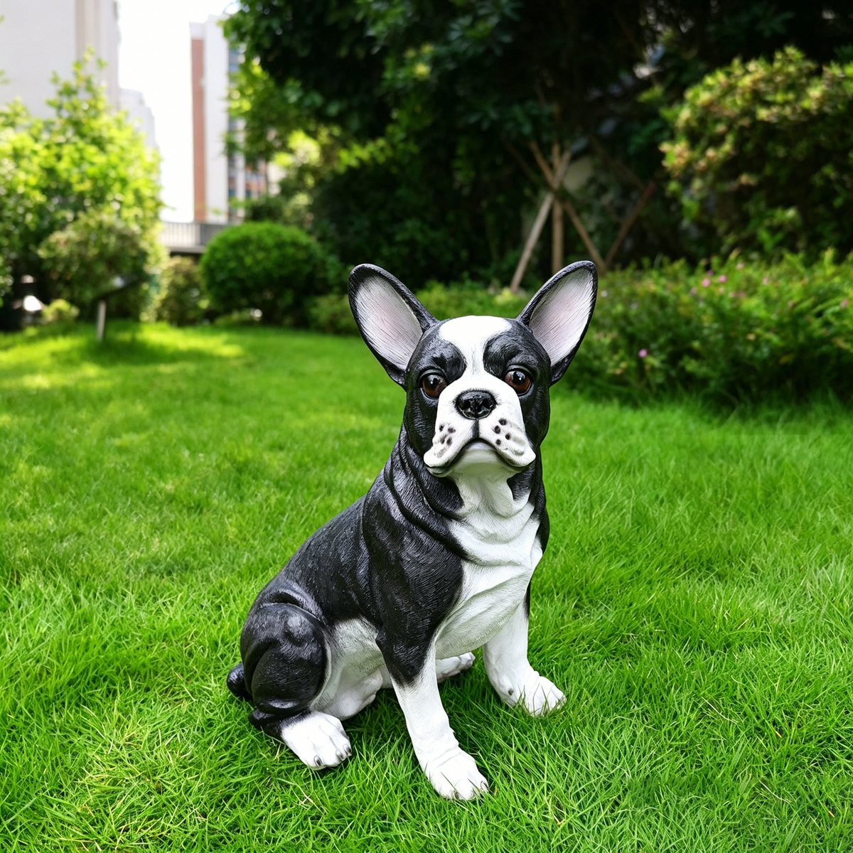 Lifelike French Bulldog Statue, Realistic Resin Animal Figurine for Indoor Outdoor Garden Lawn Yard Home Decor, Art Craft Gift, Black+White