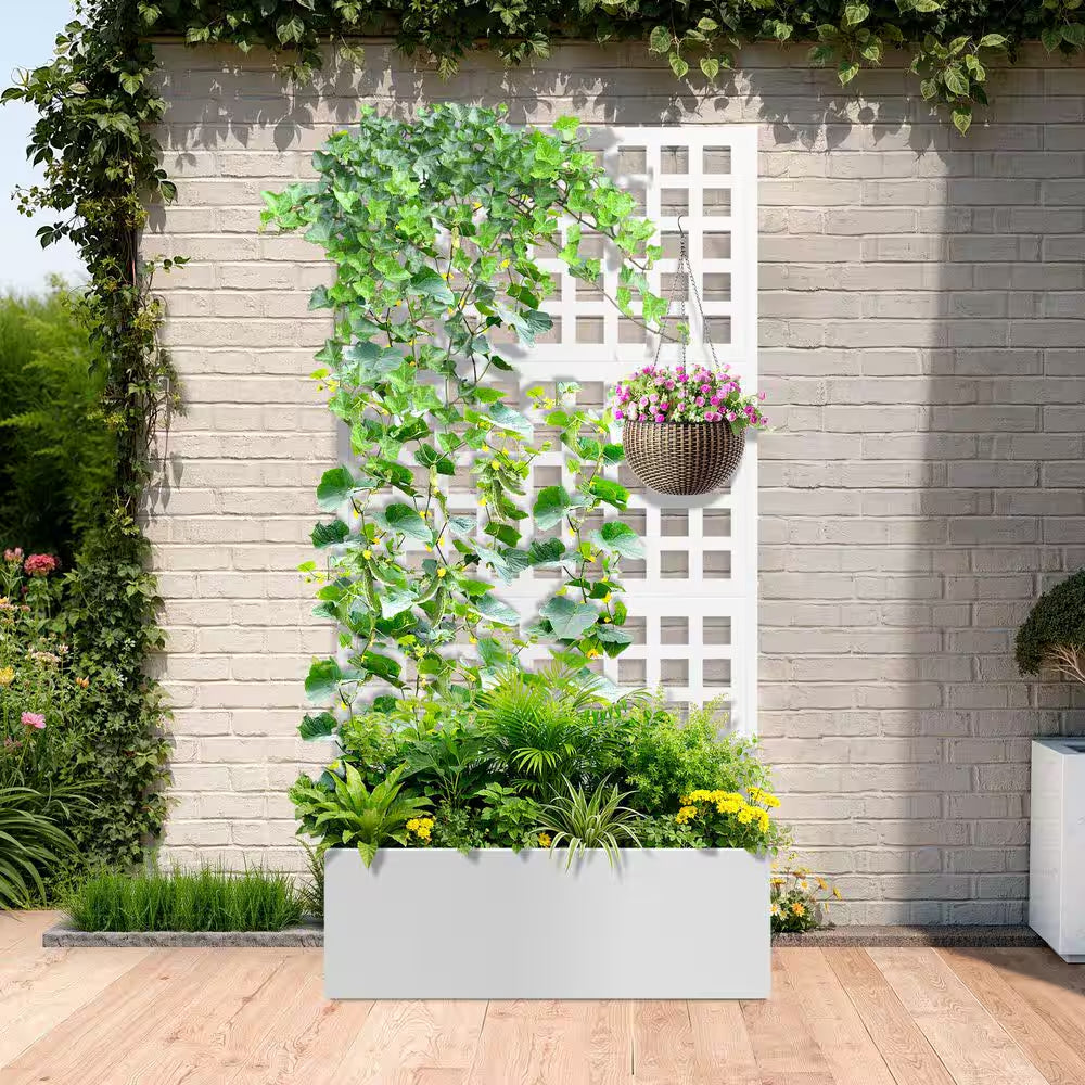 35 In. L X 16 In. W X 71 In. H White Metal Raised Garden Planter Box with Trellis for Climbing Plants, Cucumbers