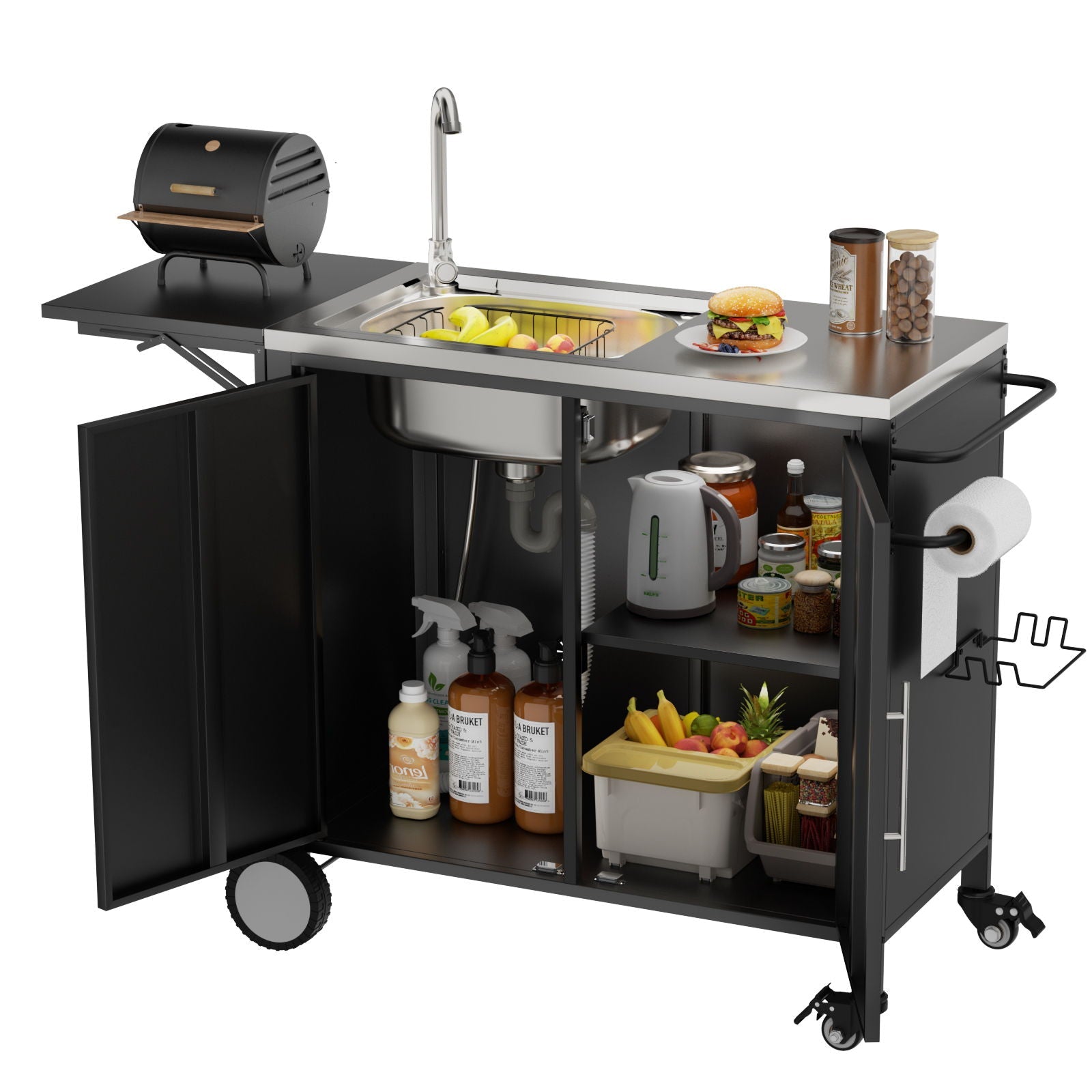 Outdoor Grill Table With Sink, Worktable Kitchen Cabinet Island With Wheels & Foldable Top - Black