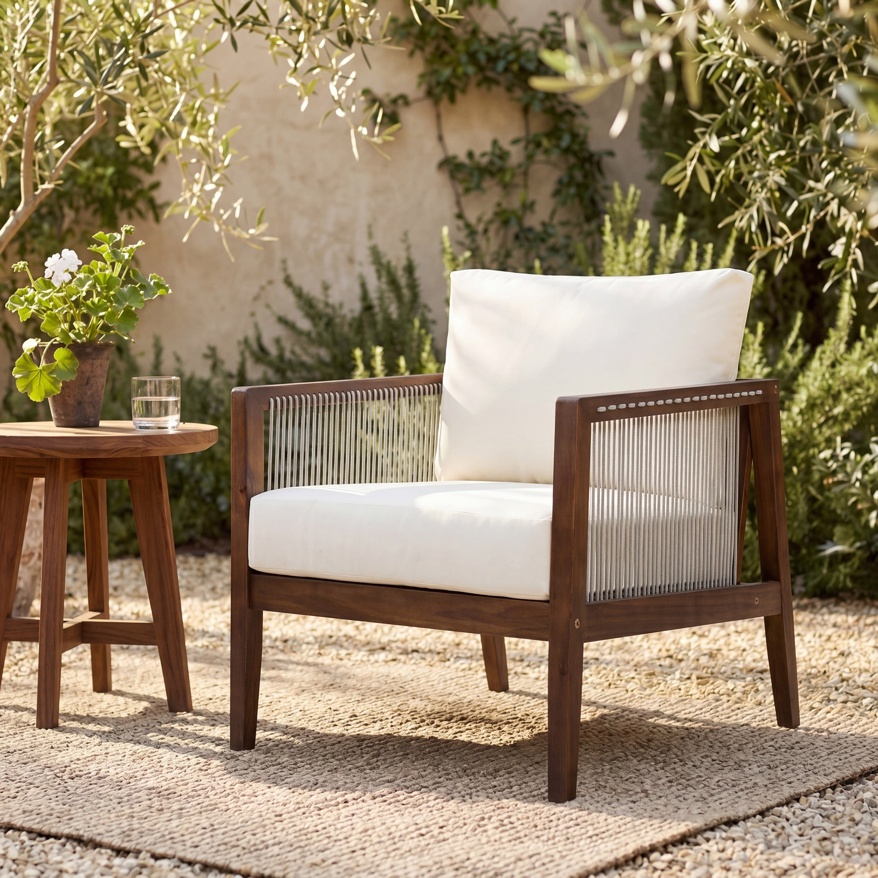 Outdoor Club Chair, Acacia Wood Frame with Rope Back, Water-Repellent