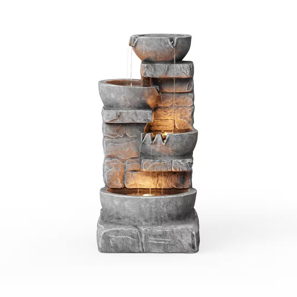 Zen Garden 33 In. Stone-Texture Polyresin Cascading Waterfall Fountain with LED Lights