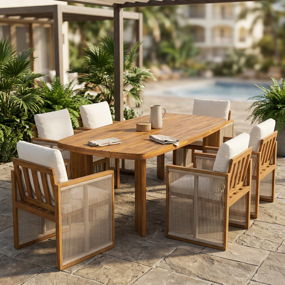 7-Piece Outdoor Patio Dining Set with Cushions - Teak Finish