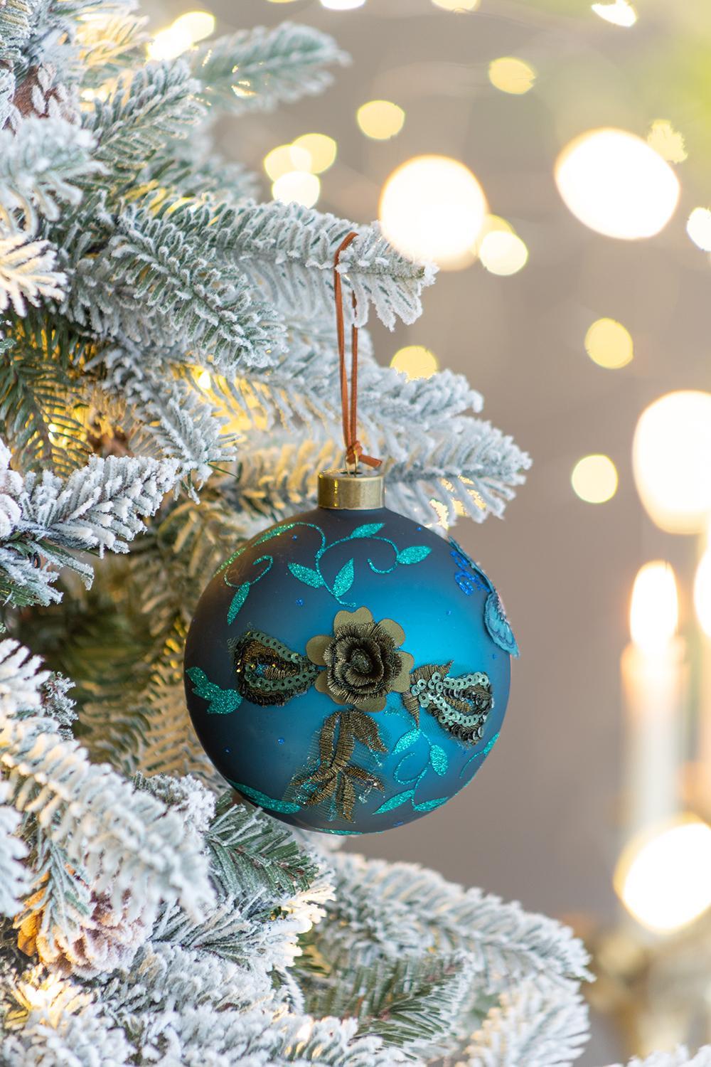 Light Blue Glass Christmas Ball Ornaments with Glitter Details - Set of 4 or 6