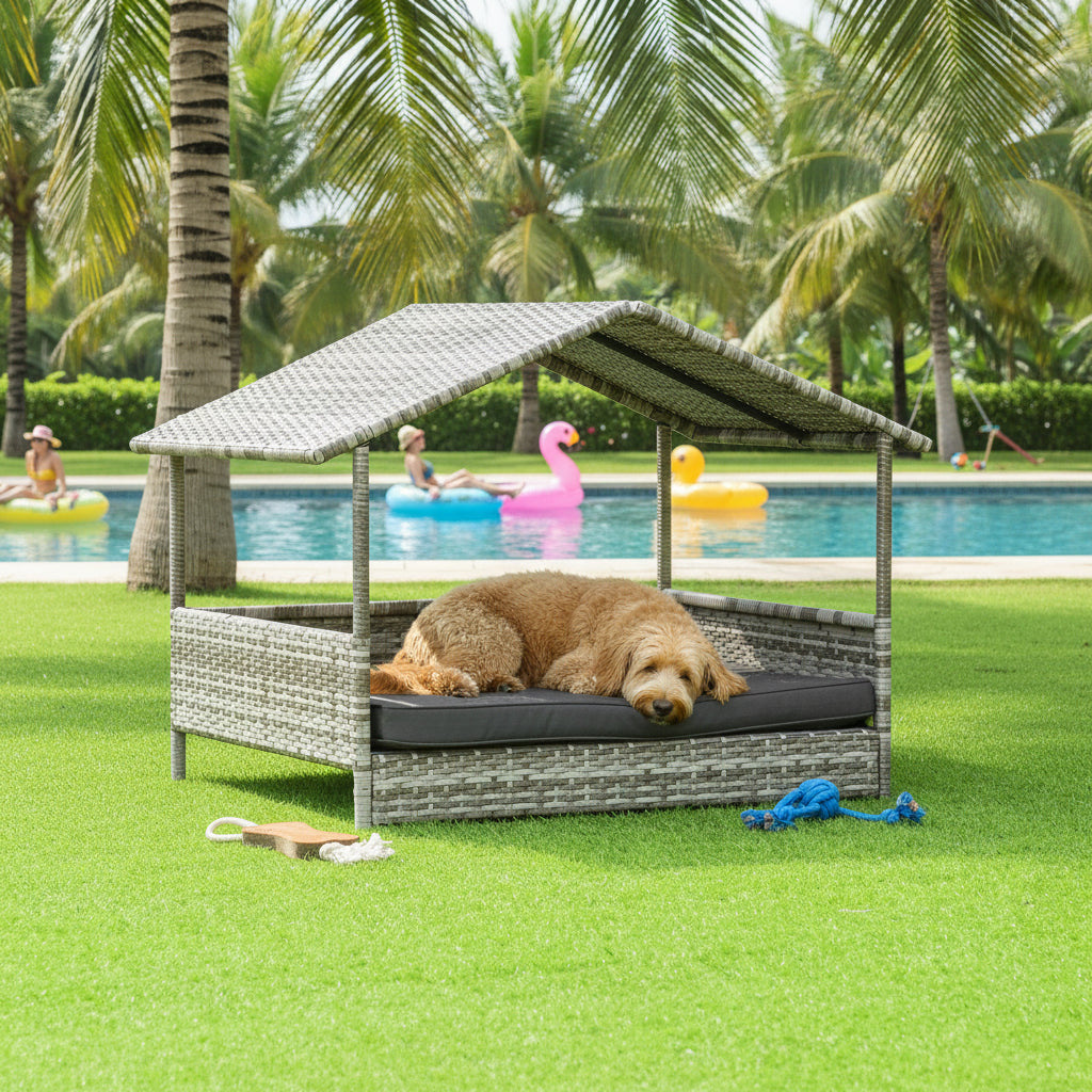 Wicker Dog House Outdoor with Canopy and Water-Resistant Cushion