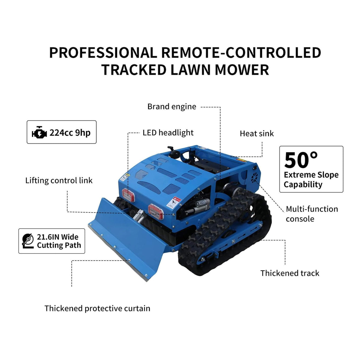 Heavy-Duty 21-Inch 9HP Commercial Remote-Controlled Robotic Lawn Mower With Tracks And Plow