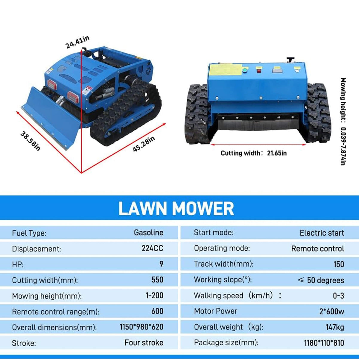 Heavy-Duty 21-Inch 9HP Commercial Remote-Controlled Robotic Lawn Mower With Tracks And Plow